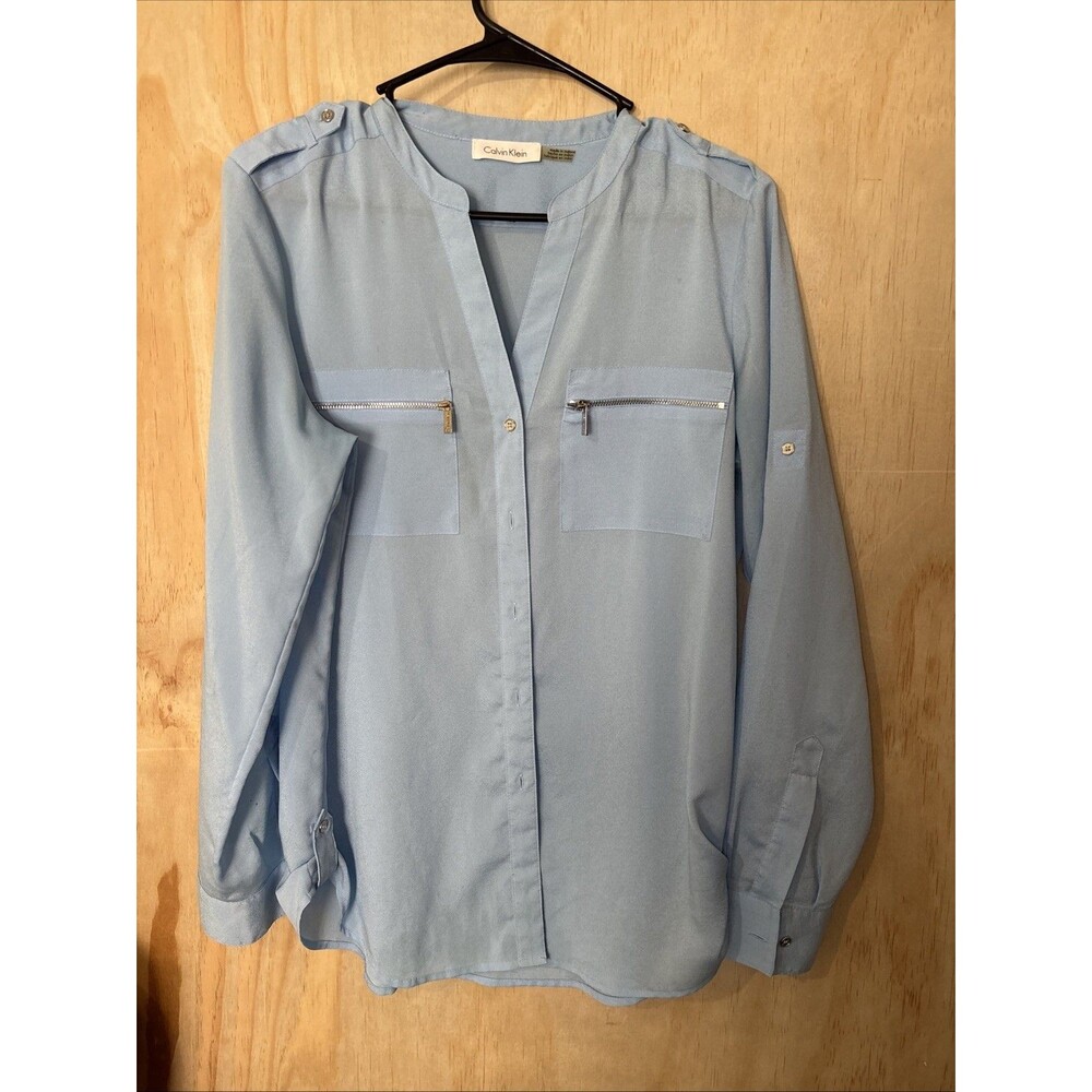 Calvin Klein Women’s Blue Zip Pocket Blouse Large Based on measurement Medium
